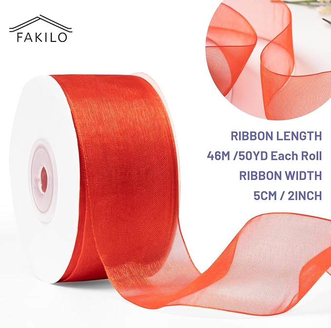Red Organza Ribbon for Gift Wrapping, FAKILO 2 Inch Shimmer Sheer Wrapping Ribbon for Bouquet, Wedding,Festival - 50 Yards Each Roll