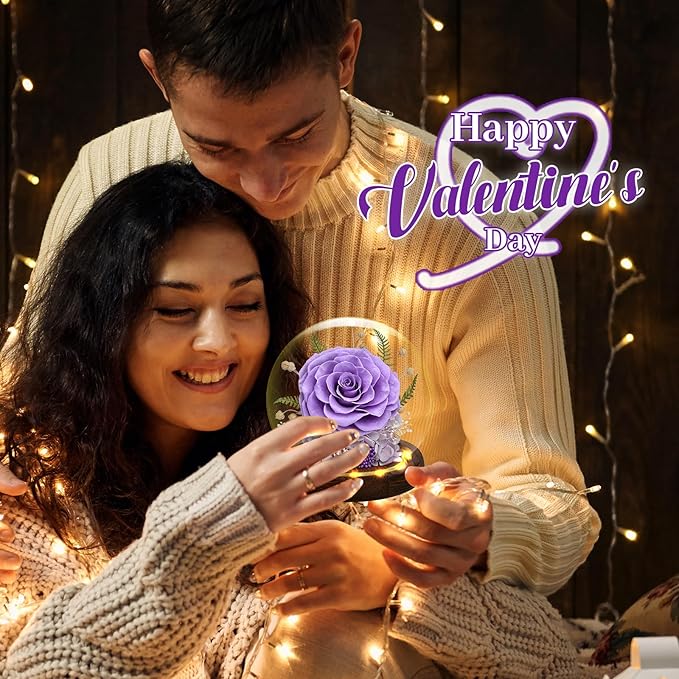Preserved Rose Forever Flower in Glass - Birthday Gifts for Women Mom, Real Flowers for Delivery Prime | Rose Gift for Grandma Wife Sister Friend (Purple)