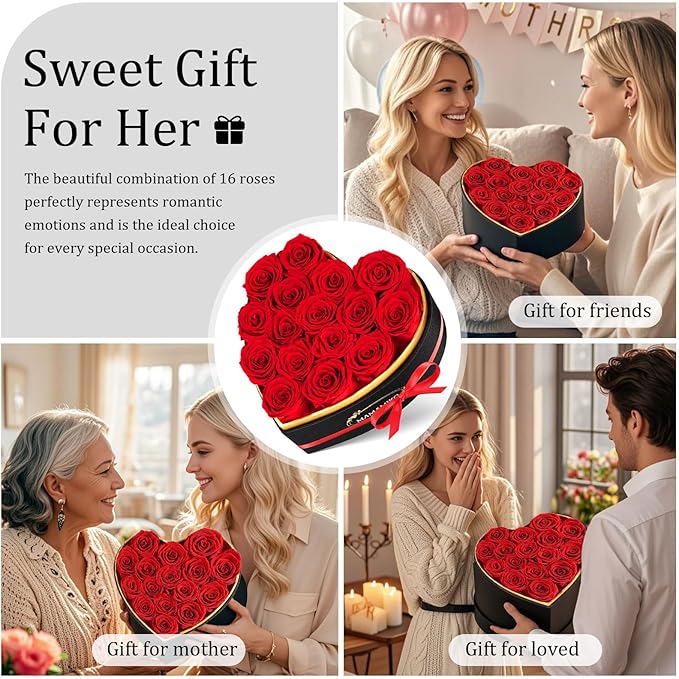16 Preserved Roses in Heart Shape Gift Box for Her - Forever Flowers for Delivery, Eternal Rose Mothers Gifts for Mom, Wife Anniversary Birthday Gifts for Women, Red