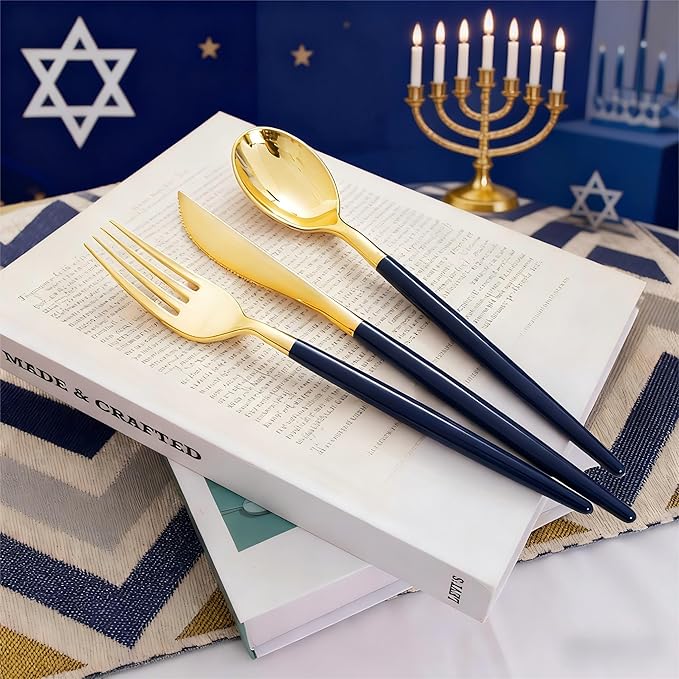 Liacere 150PCS Blue Plastic Plates - Gold Plastic Silverware with Blue Handle - Navy Disposable Plates Include 30 Guests Plates,Forks,Spoons,Knives for Hanukkah & New Year & Hanukkah