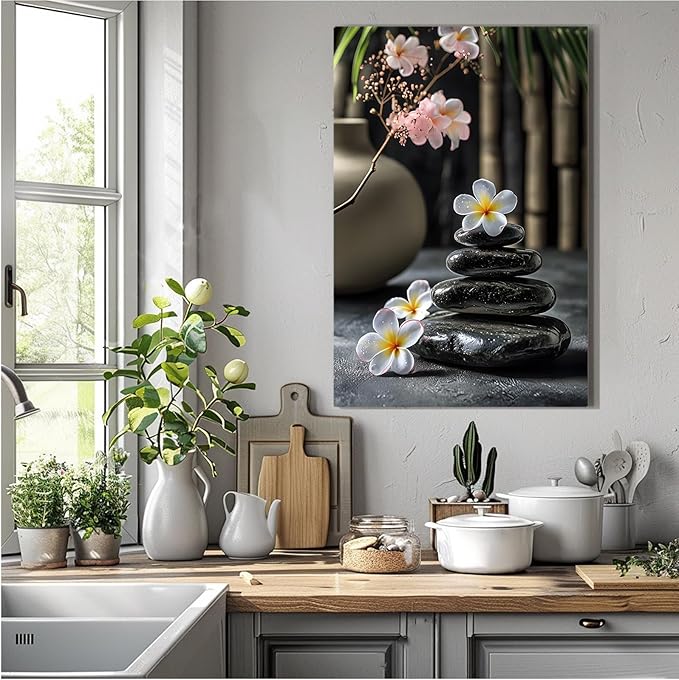 A harmonious black stone stack paired with white and pink flowers bamboo and ceramic vases creates a tranquil Zen decor for minimalist homes and mindful spaces 20x30in Frameless