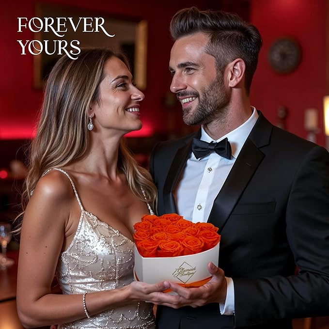 GLAMOUR BOUTIQUE Preserved Roses in a Box - Gifts for Her, Wife & Mom, Rose Flowers Forever Decor for Birthday Gift, Get Well Flower Bouquet Cased in White Box with Cover - Orange - 16-Piece