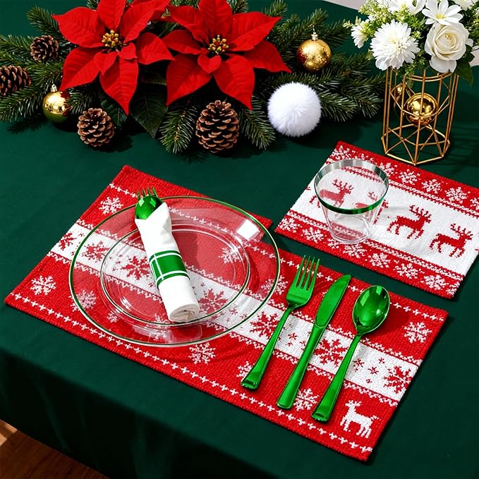 SUT 350 Pcs Green and Clear Plastic Dinnerware Set for 50 Guests, Include: 50 Dinner Plates, 50 Dessert Plates, 50 Pre Rolled Napkins With Silverware, 50 Cups, Disposable Plates for Party, Christmas
