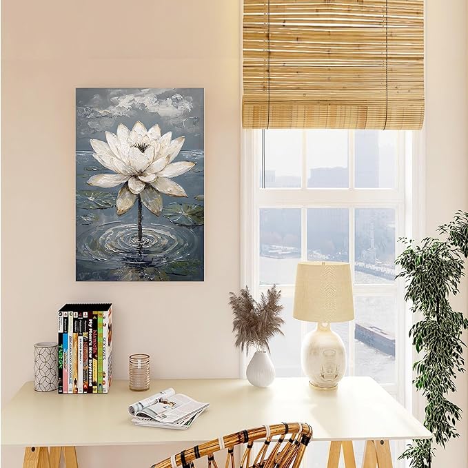 Stunning white lotus emerges from prismatic water with delicate petals background Serene aquatic wall art suitable for modern minimalist decor 32x48in Frameless