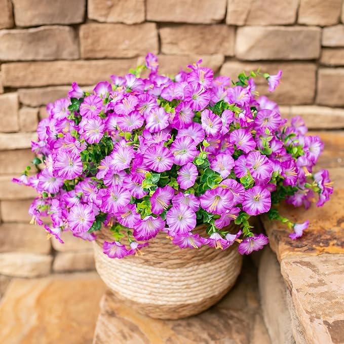 HyeFlora Artificial Flowers for Outdoors Fake Plants Outside Decoration, 12 Bundles Silk Purple Morning Glory UV Resistant Look Real Faux Flowers for Planter Front Door Porch Patio Yard Gardens Home