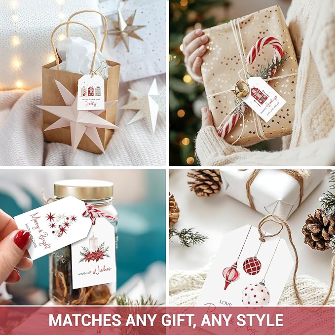 AUDREE 50 Pcs Christmas Gift Tags with String - Elegant Red & White Holiday Tags - Christmas Name Tags for Gifts - Hanging Labels Decoration Xmas Winter Holiday Present DIY Crafts