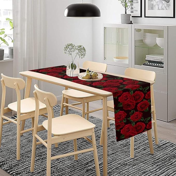 Red Rose Table Runner,Romantic Spring Summer Seasonal Table Runner for Indoor Outdoor Holiday Home Wedding Party 13x60 Inch