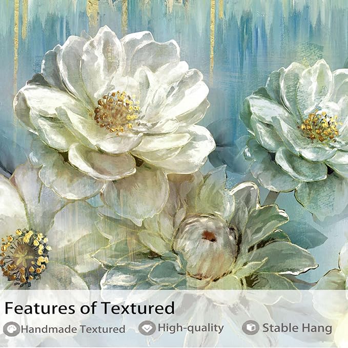 Ardemy Teal Canvas Wall Art Large Framed Magnolia White Floral Pictures Wall Decor Textured Painting Flowers Turquoise Artwork for Living Room Bedroom Dining Room Home Office, 40"x20"