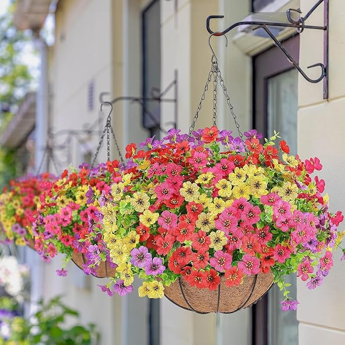 Artificial Flowers Hanging Plants in Basket,Artificial Hanging Flowers for Outdoor Indoor Decor,UV Resistant Hanging Baskets with Fake Flowers for Patio Garden Porch Deck Decoration