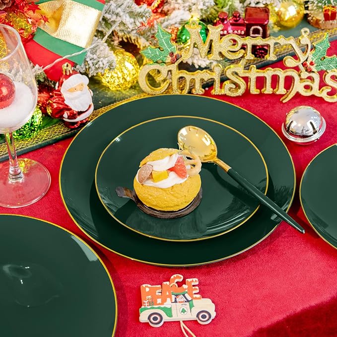 Liacere 150PCS Green Plastic Plates - Gold Plastic Silverware with Green Handle - Heavy Duty Fancy Plastic Plates Disposable Include 30 Guests Plates, Forks, Spoons, Knives for wedding＆Christmas