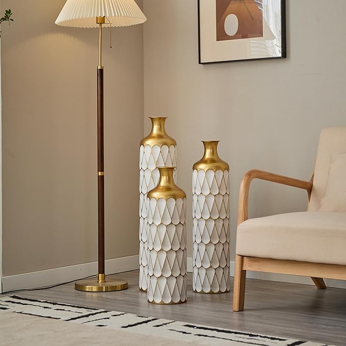 Floor Vases, Tall Home Decor Metal Vase Set of 3 Large Glazed Decorative Vases for Wedding Decor, Elegant Modern Flower Holder for Living Room, Entryway, Hallway, Dining Room