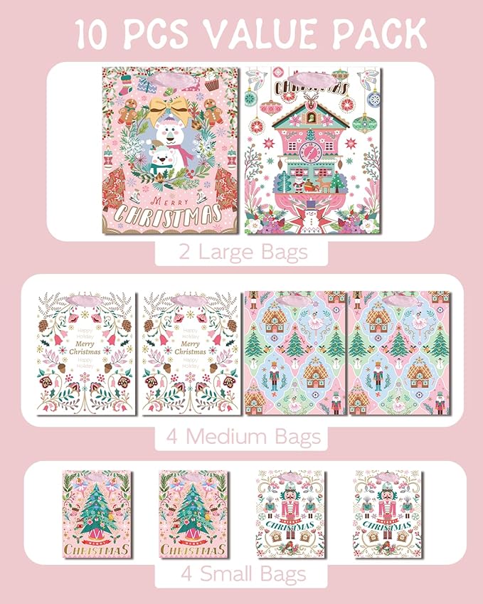 qiqee 10PCS Christmas White Gift Bags with Pink Polar Bear Design(2PCS Large 5.5"x10.2"x13", 4PCS Medium 4.3"x 7.7"x 9.6", 4PCS Small 2.4"x 4.7"x 6.3", 30PCS Tissue Paper included)