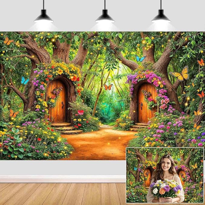 10X8ft Enchanted Forest Backdrop Fairy Tale Green Garden Wonderland Tree House Floral Butterfly Background for Kids Girl Baby Shower Birthday Party Decoration Banner Cake Table Photo Booth Props