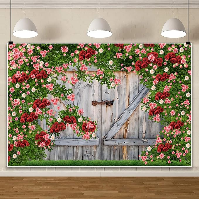 AOFOTO Barn Door Rose Backdrop Rustic Red Pink Beige Flowers Background Romantic Phtography Banner for Anniversary Wedding Decor Photo Studio Photobooth Props 6x4ft