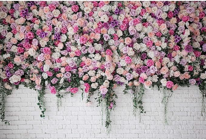 Rose Flowers Backdrop Beautiful Decorative Colorful Roses and Peonies on Brick White Wall Photography Background Interior Wedding Party Decorations Summer Flowers on Wall Building Props 20x10ft