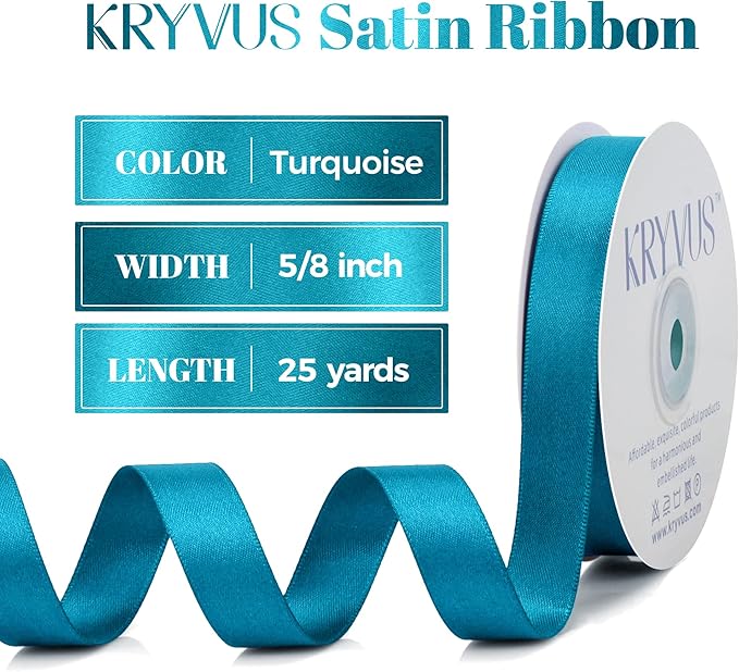 Premium Double Faced Turquoise Blue Satin Polyester Ribbon, 5/8 Inch X 25 Yards, Perfect for Gift Wrapping, Crafts, Wedding Decor