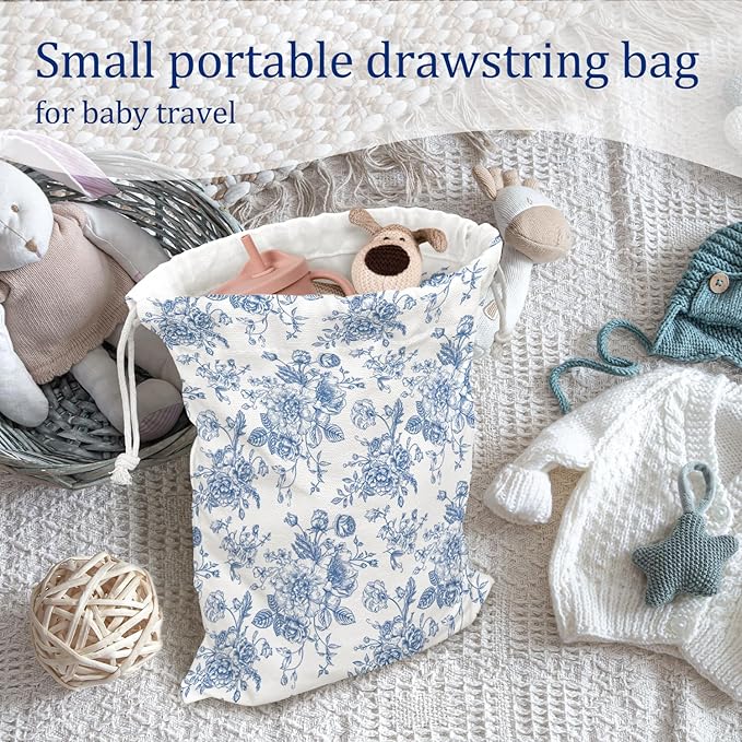 DSHFG Light Blue Chinoiserie Toile Floral Birthday Drawstring Gift Wrap Bags, Chinoiserie Baby Shower Drawstring Gift Bags Canvas, Blue and White Small Happy Birthday Bag, Gifts for Women, 10x13 Inch