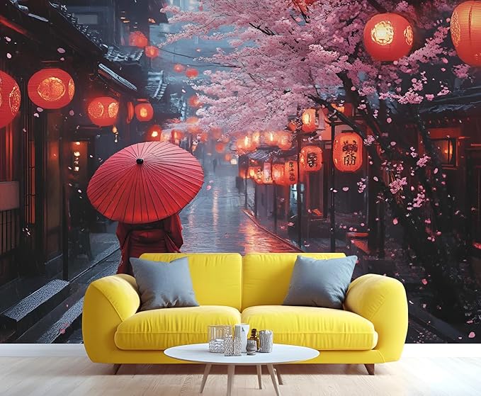 Japanese Street Wall Mural, Cherry Blossom Lantern Scene 3D Wall Murals, Romantic Rainy Evening Japan Wallpaper Mural, for Living Room Bedroom Large Wallpaper Indoor Decor 118" W x 82.6 "H