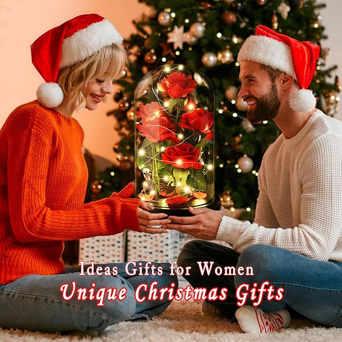 Christmas Rose Gifts for women,Beauty and The Beast Rose in Glass Dome with LED Light,Glass Rose Flower Gifts for Her,Christmas Birthday Gifts for Women Mom Wife Girlfriend Friend Forever Red Rose