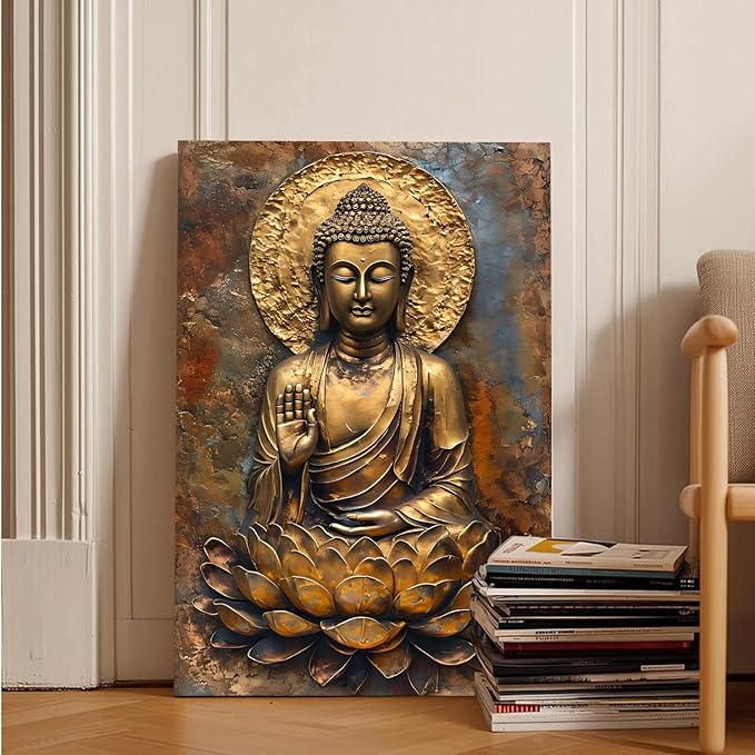 Buddha Wall Art Golden Buddha in Lotus Seat Serene spiritual statue radiant aura Meditation and mindfulness wall art suitable for sacred spaces 24x36in Wood Framed