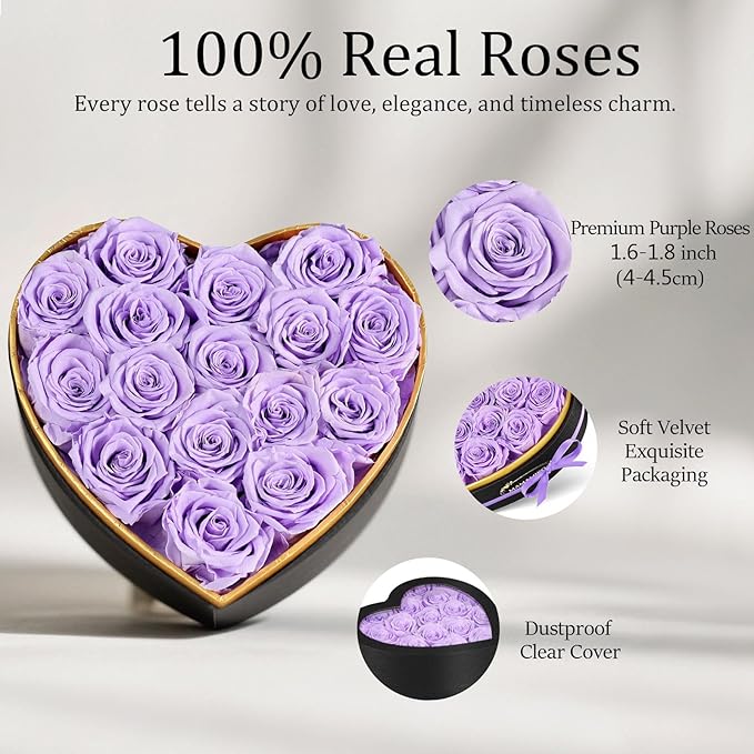 16 Preserved Roses in Heart Shape Gift Box for Her - Forever Flowers for Delivery, Eternal Rose Mothers Gifts for Mom, Wife Anniversary Birthday Gifts for Women, Purple