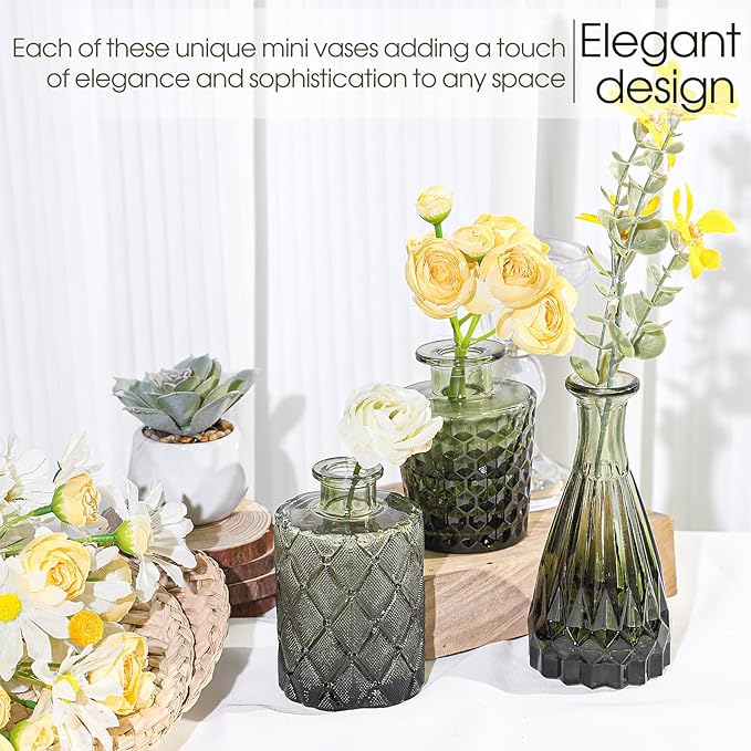 12pcs Green Glass Bud Vases Set, Small Vases for Flowers, Bud Vase for Centerpieces in Bulk, Mini Vintage Vase for Wedding Decorations, Office and Home Table Flower Décor
