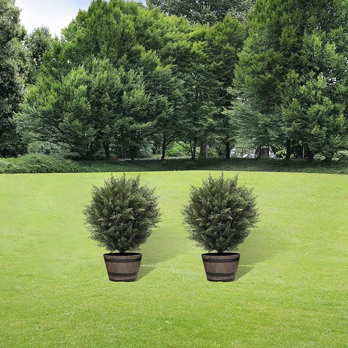 21” Artificial Cedar Outdoor Artificial Shrub Sunlight Resistant Leafy Potted Plant for Indoor Porch of Home and Office Artificial Outdoor Tree 2 Pieces a Set Topiary Trees