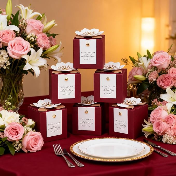 FEIYI 20 PCS Candy Boxes, 3 In 1 Burgundy Favor Boxes with Floral Decor, White Thank You Tags Gift wrapping for Wedding Birthday Baby Shower Decorations Party -2.55x2.55x2.55''