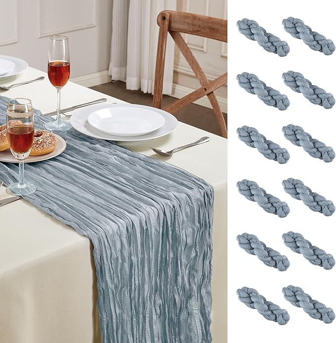 12 Pack Dusty Blue Cheesecloth Table Runner 10FT Long Boho Gauze Table Runner Rustic Sheer Runner for Wedding Bridal Baby Shower Birthday Party Table Decor Thanksgiving Christmas Decorations