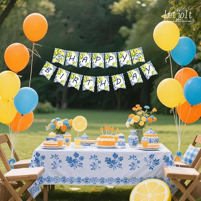 Letjolt Lemon Happy Birthday Banner Blue Girls Birthday Flag Summer Theme Party Signs Baby Shower Decorations Supplies for Women 13 pcs