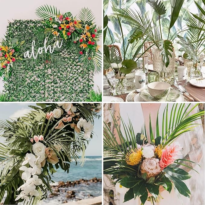 CCINEE 12 PCS Artificial Palm Leaves, Assorted Sizes Faux Large Palm Fronds Fake Tropical Plant Simulation Safari Leaves with Stems for Home Hawaiian Luau Party Jungle Beach Theme Party Decoration