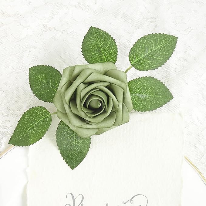 Artificial Flowers, 100pcs Artificial Rose for DIY Wedding Bouquets Centerpieces Flowers Arrangements, Elf Green Fake Flowers with Stems for Bridal Shower Graduation Events Decoration