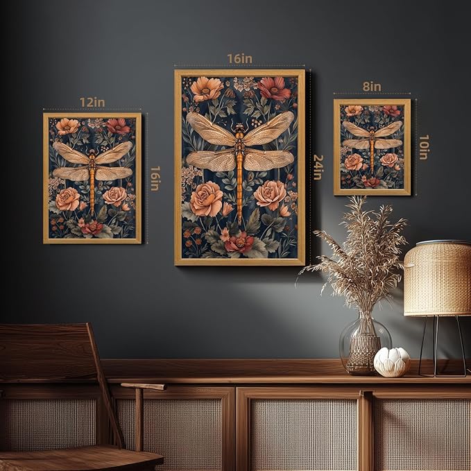 LLEEMPI William Morris Wall Art, Vintage Dragonfly Floral Wall Decor, Abstract Insect Flower Canvas Painting, Nature Botanical Poster Print for Living Room Bedroom Bathroom Office Wood Framed 12x16 inch