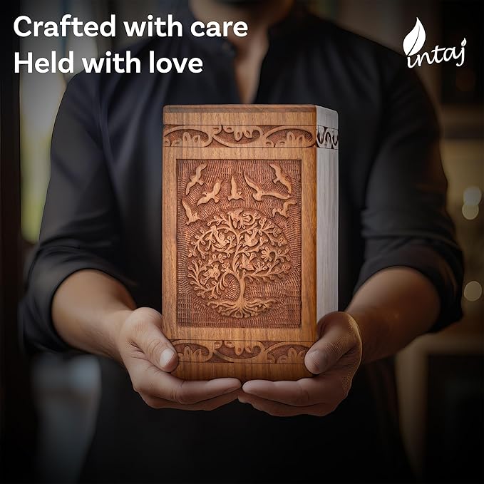 INTAJ Handcarved Wooden Cremation Urn for Human Ashes - Tree of Life Design, 180 lbs Capacity, Suitable for Adult Men and Women - Decorative Funeral Urn Box and Casket - Wooden Carved Box