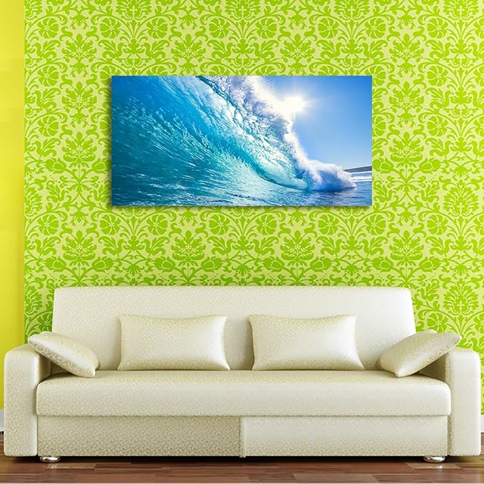 Blue Secape Canvas Prints Wall Art Blue Ocean Wave Surfing Sea Picture Paintings on Canvas Modern Canvas Art for Living Room Bedroom Office Wall Decorations Ready to Hang-24x48inches