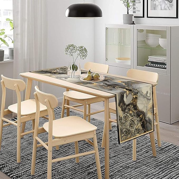 Grey Marble Flower Table Runner, Black Grey Marble Golden Veins Abstract White Natural Texture Floral Dinner Runner Table Decoration for Home Kitchen Dining Holiday Party 13x36in