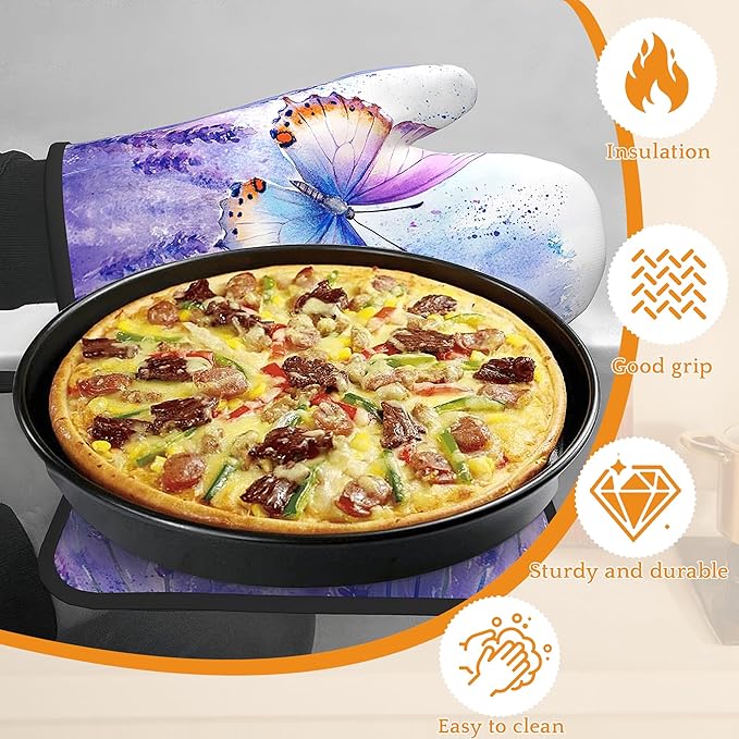 Purple Butterfly Oven Mitts and Pot Holders Set,Lavender Kitchen Oven Gloves and Pot Holder with Heat Resistant Non Slip for Cooking Baking Grilling(4 Piece Set)