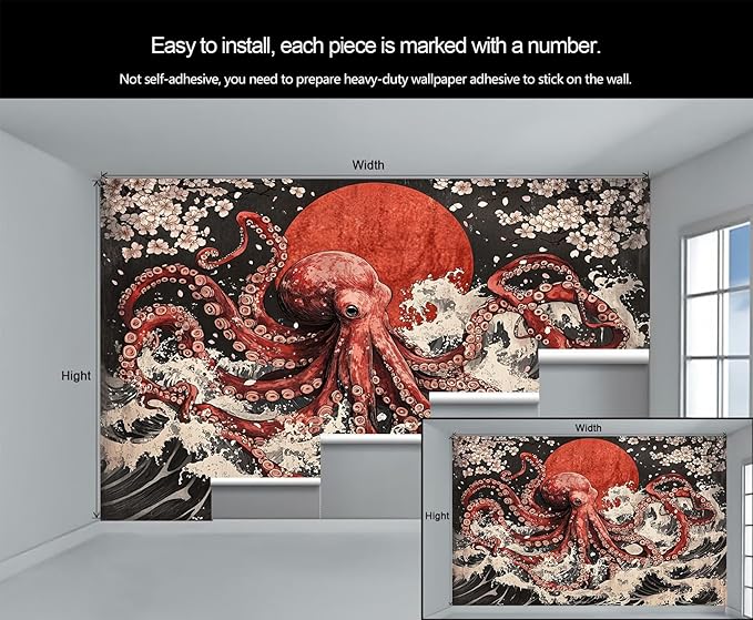 Japanese Wave Octopus Wall Mural, Japanese Traditional 3D Wall Murals, Ocean and Octopus Wallpaper Mural, for Living Room Bedroom Large Wallpaper Indoor Decor 157.5" W x110.3 H