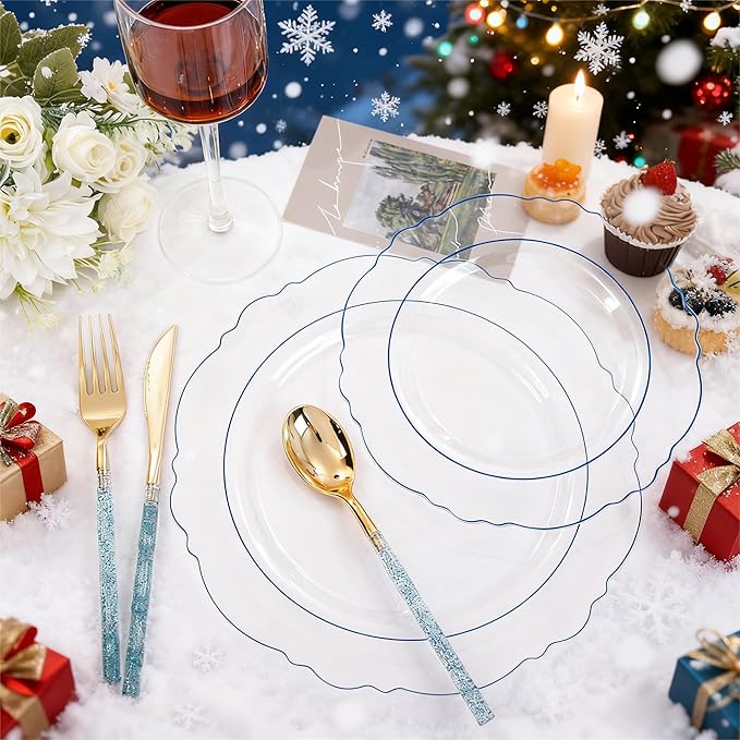 Liacere 150PCS Clear and Blue Plastic Plates-Clear and Blue Disposable Plates with Glitter Bamboo Handle Cutlery-60 Baroque Elegant Plates, 30 Forks, 30 Spoons, 30 Knives for Wedding＆Christmas