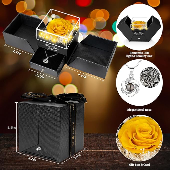Preserved Yellow Real Rose-Eternal Flowers Rose Gifts for Mom Grandma Wife Girlfriend on Mothers Day Birthday Valentines Christmas Anniversary Romantic Gifts for Her with I Love You Necklace