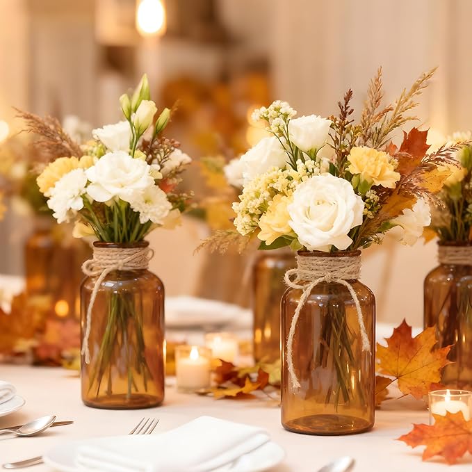 Vintage Glass Flower Vase，12 Pack Farmhouse Amber Gold Glass Centerpiece Vases Mason Jars for Weddings, Parties & Home Decor Bulk (12, Amber)