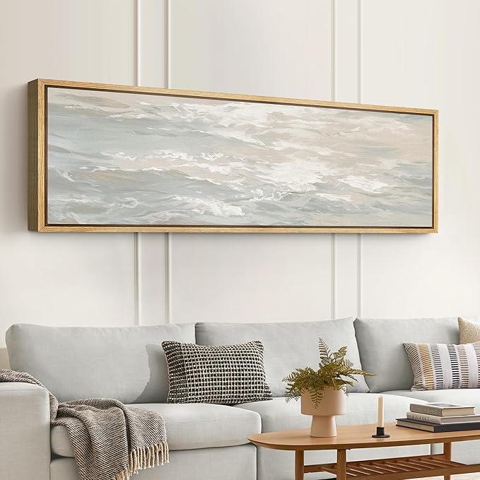 SIGNFORD Large Framed Canvas Print Wall Art Ocean Waves Minimalist Coastal Seascape in Soft Neutral Tones Illustrations Modern Art Relax/Calm Warm for Living Room, Bedroom, Office - 60"x20"
