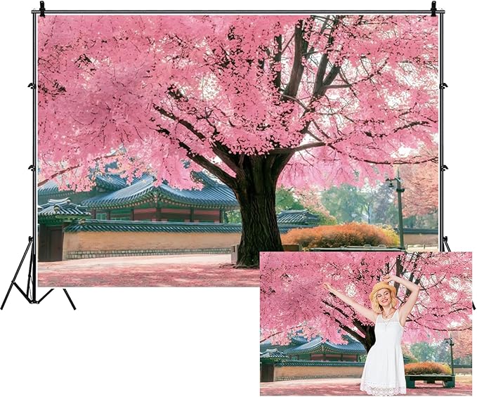 Renaiss 9x7ft Pink Cherry Blossom Backdrop Polyester Fabric Japan Cherry Floral Tree Landscape Palace Asian Themed Party Photography Background Wedding Birthday Party Decor Photo Booth Props