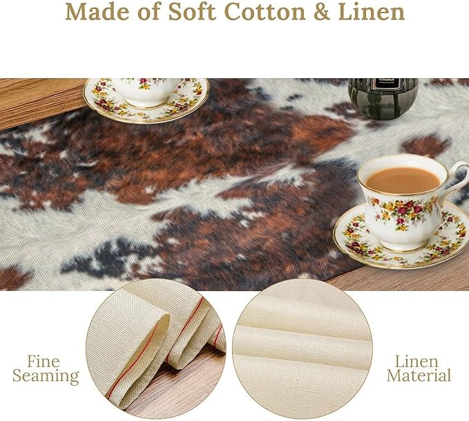 Cow Print Table Runner, Brown Cowhide Print Western Style Table Runner Country Farmhouse Cottage Cow Patten Table Decoration for Home Kitchen Dining, 13x108 in