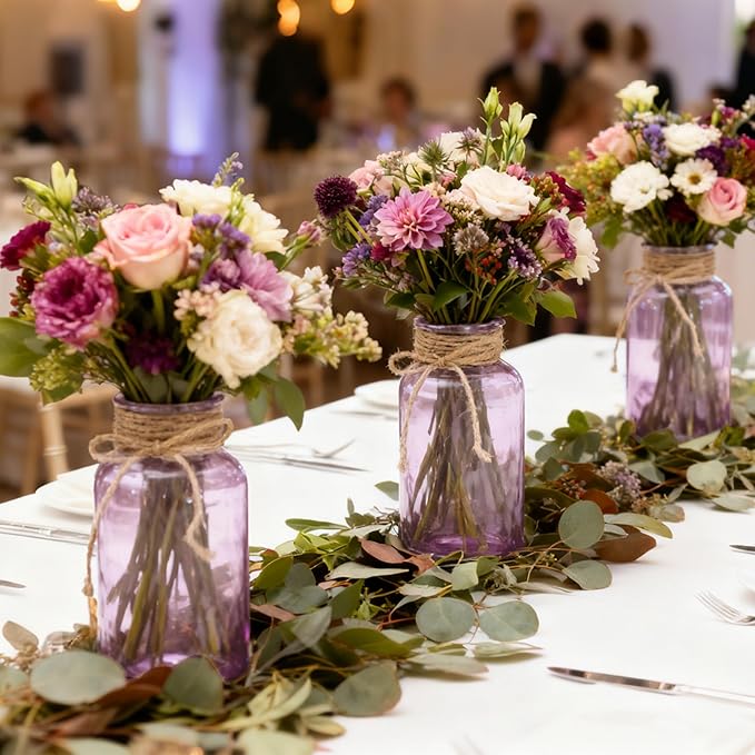 Vintage Glass Flower Vase，6 Pack Farmhouse Purple Glass Centerpiece Vases Mason Jars for Weddings, Parties & Home Decor Bulk (6, Purple)