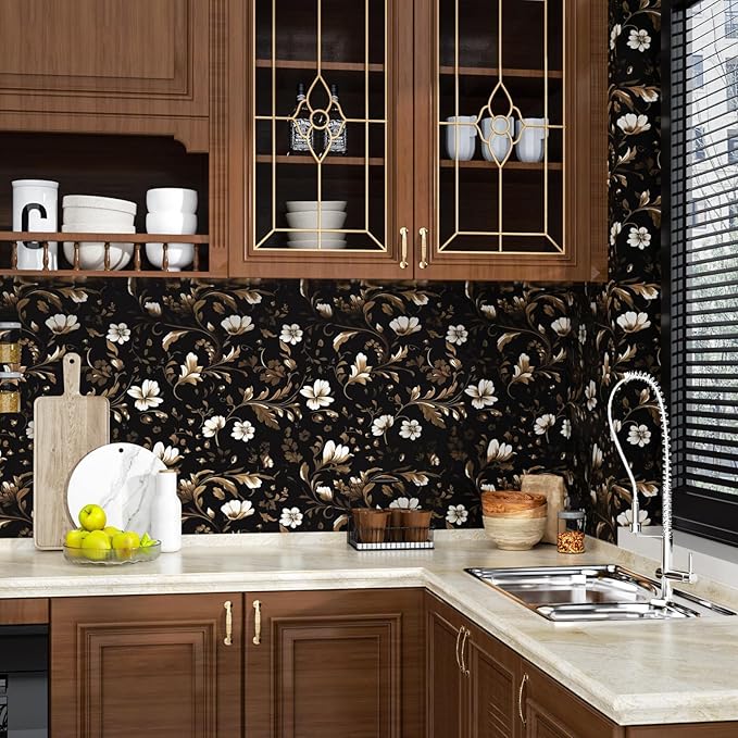 Vintage Wallpaper Peel and Stick Black Floral Wallpaper Black White Wall Paper Gold Leaf Contact Paper Waterproof Self-Adhesive Wall Covering for Bathroom Countertop Desk Cabinet 17.4" x 118"