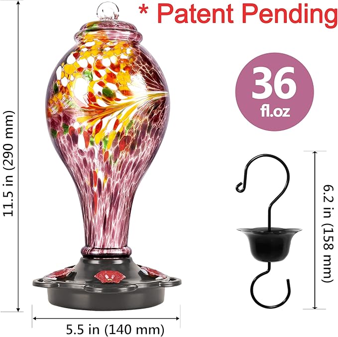 LUJII Hand Blown Glass Hummingbird Feeder for Outdoors Hanging with Ant Guard, 36 fl.oz, Leak Proof & Rustproof, Metal Base with 5 Feeding Ports & 5 Perches, Unique Garden & Backyard Decor (Purple)