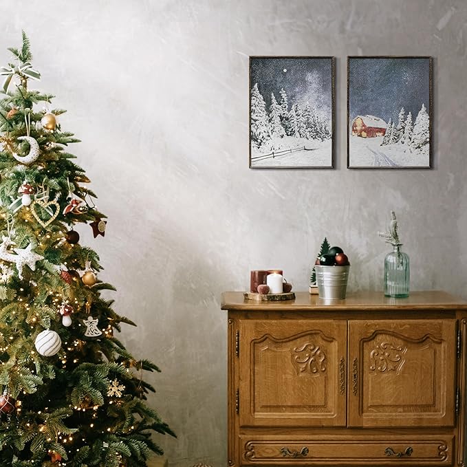 ArtbyHannah Framed Christmas Canvas Wall Art Decor Set of 2, Xmas Pictures Prints Paintings for Living Room Bedroom, Winter Holiday Home Indoor Decorations with Red House and Tree (12x16 Inch)