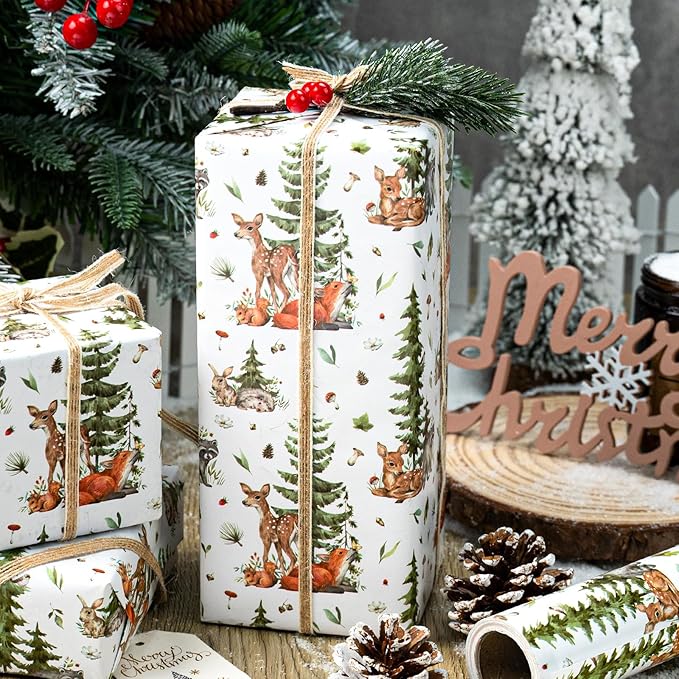 MAYPLUSS Christmas Wrapping Paper Roll - 17 In x 33 Feet - Cute Watercolor Christmas Tree Reindeer Rabbit Squirrel Gift Wrap Paper for New Year, Holiday, Kids