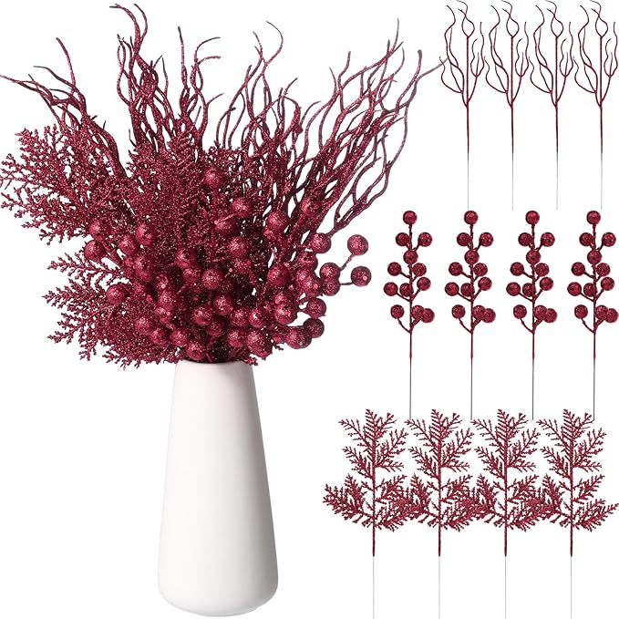 75 Pcs Christmas Glitter Branches 3 Styles Artificial Christmas Picks Berries Stems Pine Needles Floral Twig Spray for Xmas Tree Ornaments DIY Wreath Garland(Burgundy)